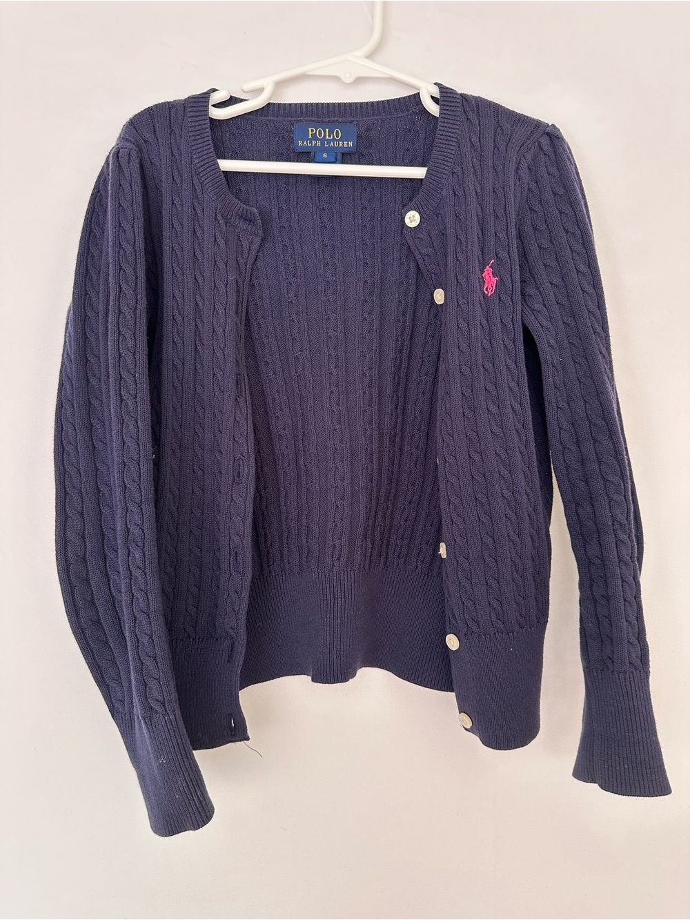 Ralph Lauren Navy Cable-Knit Cardigan with Pink Pony Embroidery